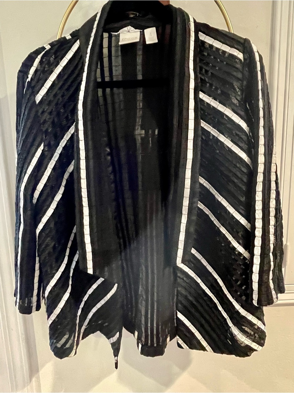 Black and White Striped Open-Front Sheer Women's Blazer